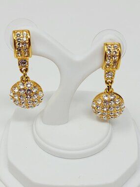 Vintage Butler Gold Tone Rhinestone Orb Dangle Earrings